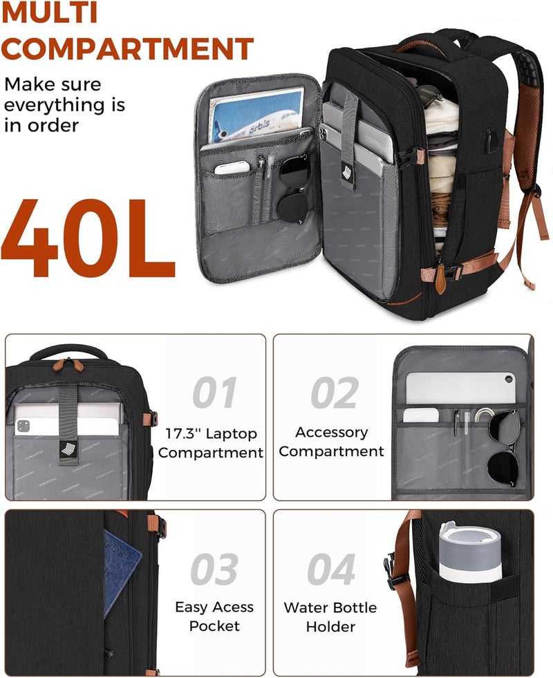 Vancropak 40L Travel Backpack for Women & Men, Large Expandable Carry on Backpack for Airplanes with 3 Packing Cubes, Airline Approved Water Resistant Anti Theft Travel Bag fit 17" Laptop, Black Brown - Image 2